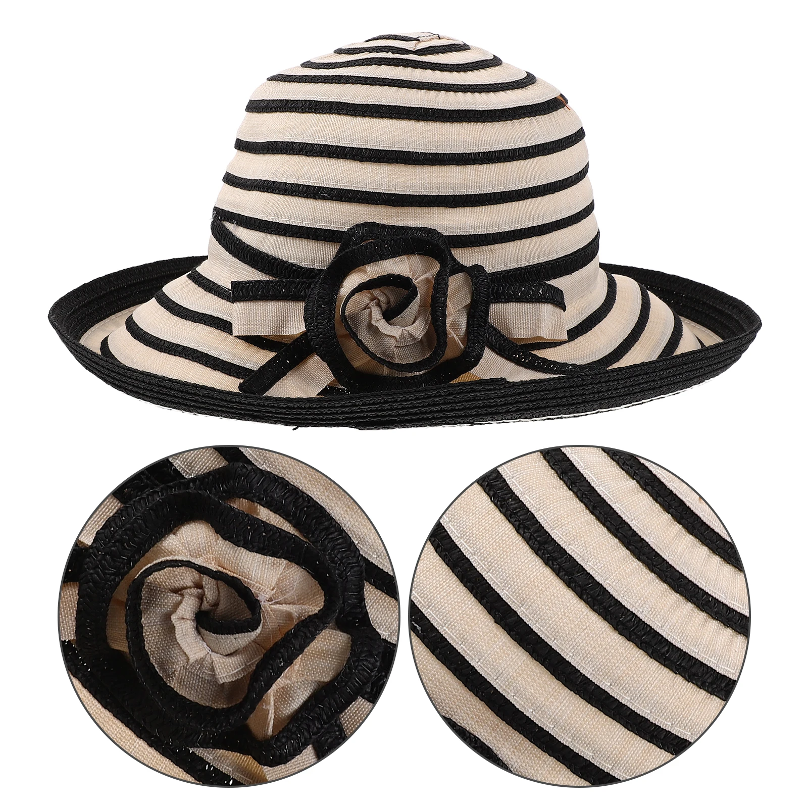 

Straw Woven Fashionable Sunscreen Hat Beach Women Floral Bucket Fedora Handwoven Big