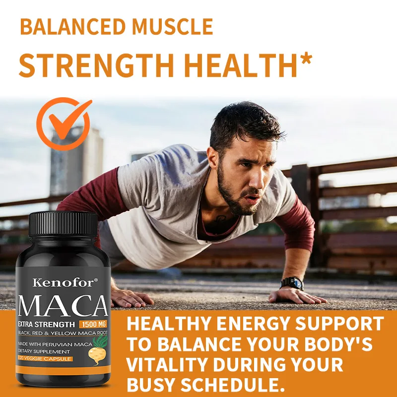 كبسولات الماكا العضوية، تحتوي على مستخلصات جذر الماكا باللون الأسود والأحمر والأصفر لتعزيز الطاقة والقدرة على التحمل وكتلة العضلات