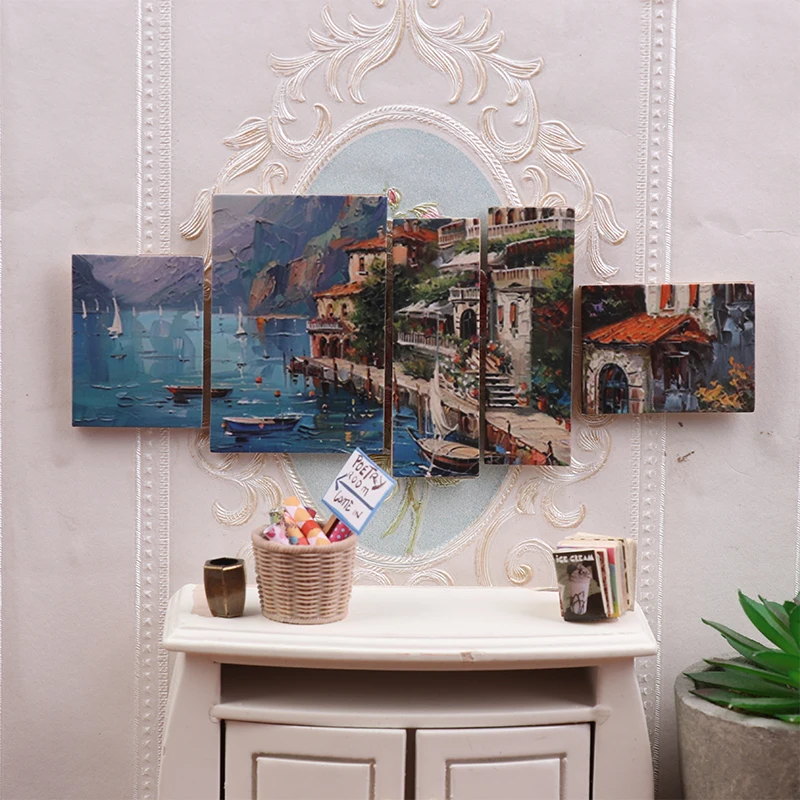 4/5/9Pcs/set 1/12 Dollhouse Mini Oil Painting Mural Wall Picture Model Dollhouse Living Room Decoration Micro Scene Photo Props