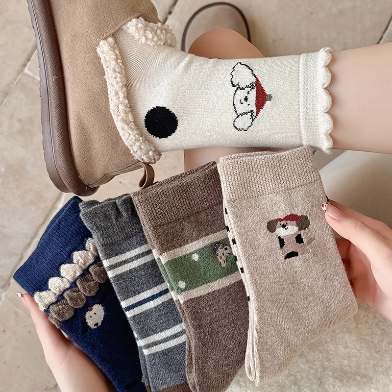 Cute Socks For Women New Preppy Style Frilly Cartoon Socks Warm Embroidery Striped Casual Thick Socks Kawaii Japanese Fashion