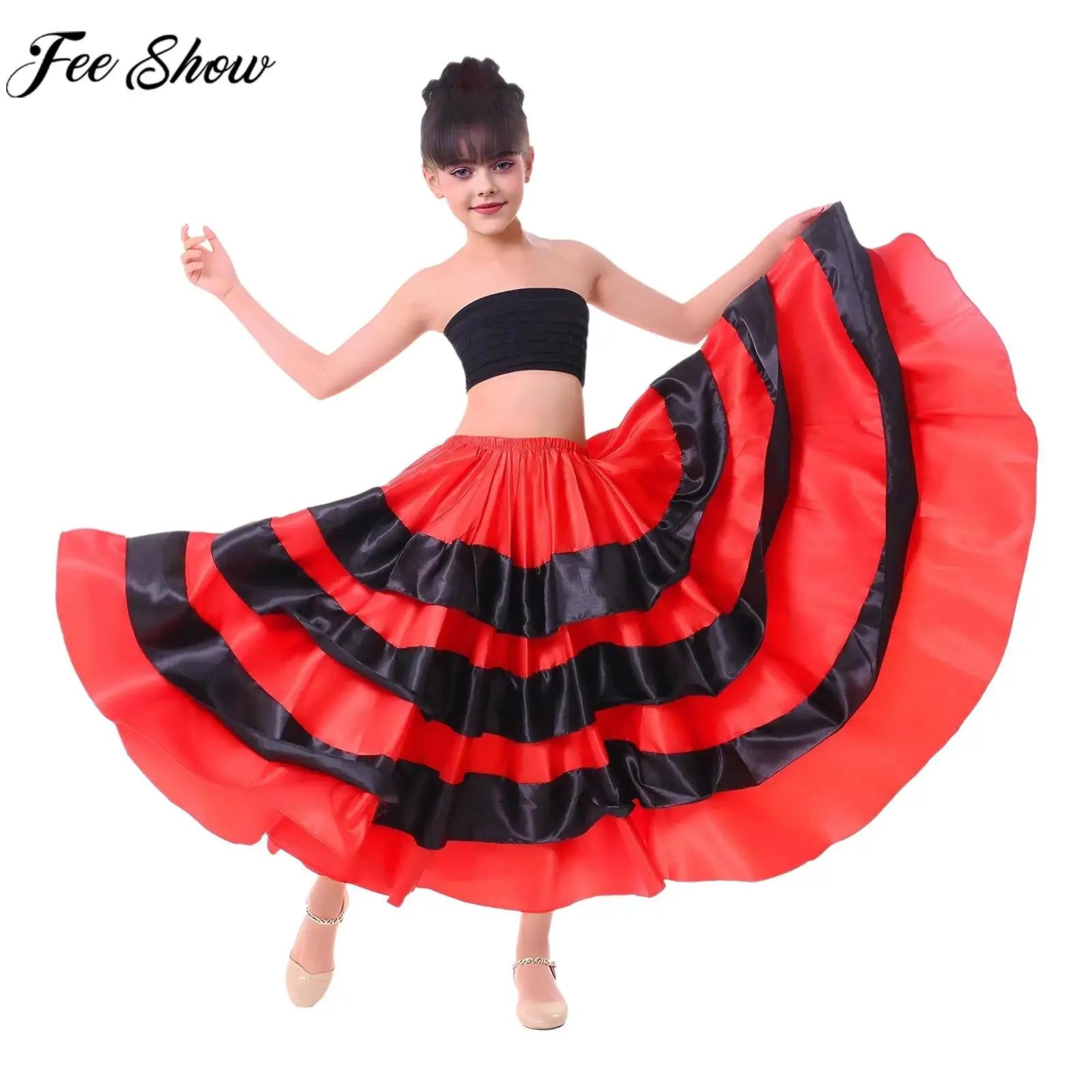 Kids Girls Flamenco Dance Spanish Paso Doble Skirt Tiered Ruffles Wide Hem 180 Degrees Satin Skirts for Latin Ballroom Tango