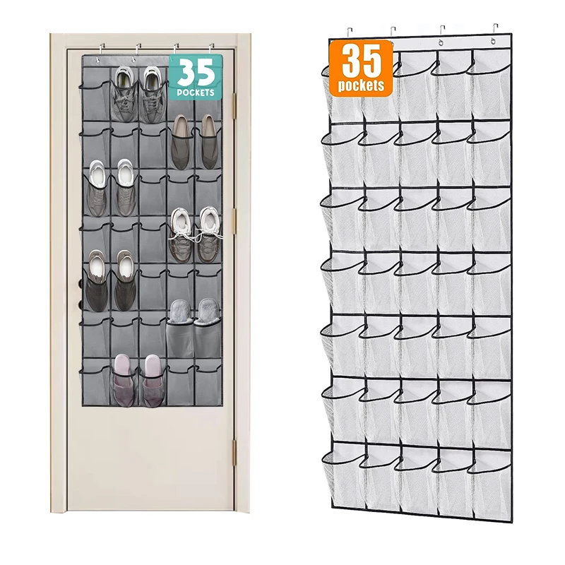 35 Pockets Over the Door Shoe Organizer Large Mesh Pockets With 4 Hooks Transparent Fabric Shoe Rack Storage Bag For Bedroom