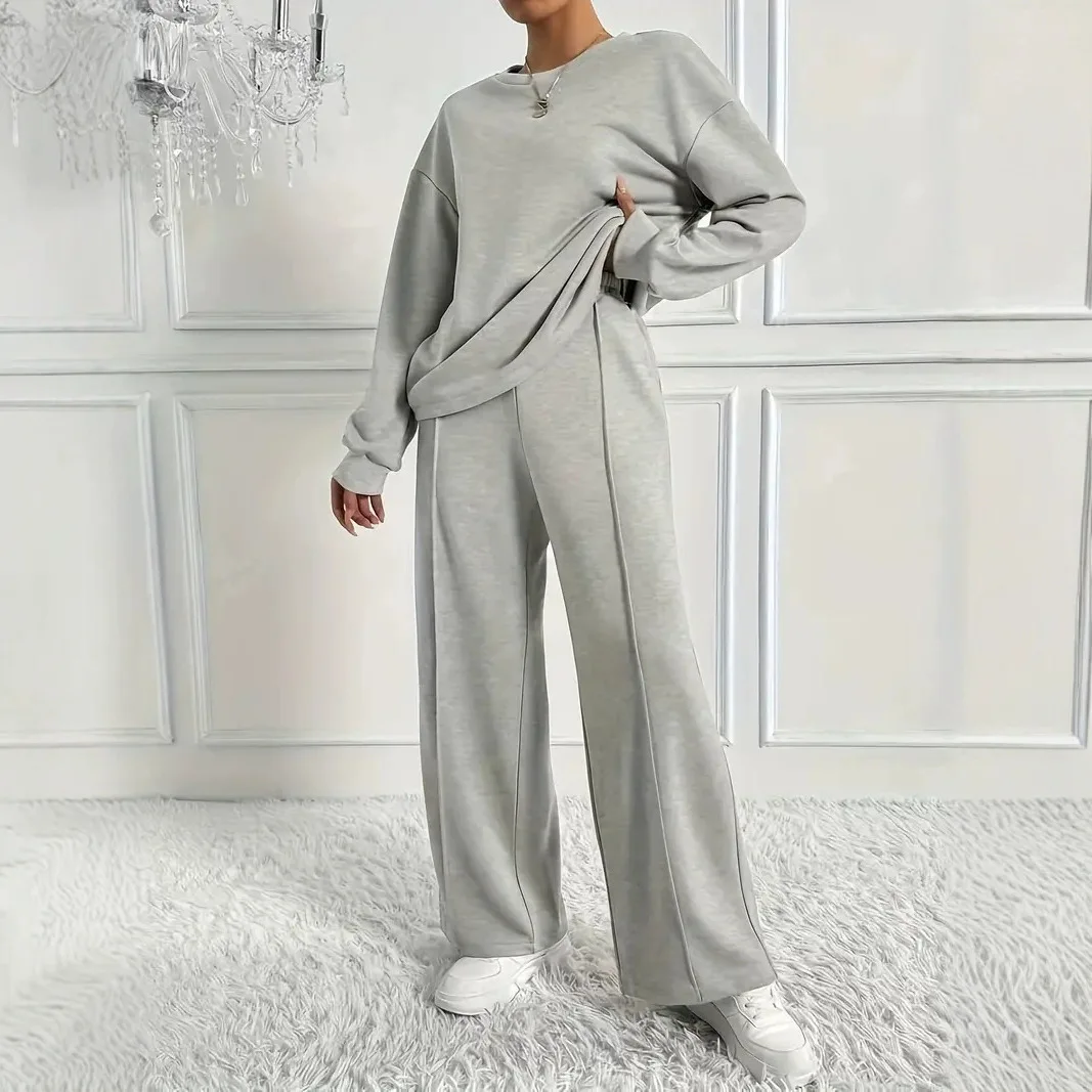 

2025 New Women's Two Piece Set Long Sleeve Top with Wide Leg Pants Casual Fall Winter Outfits Tracksuit