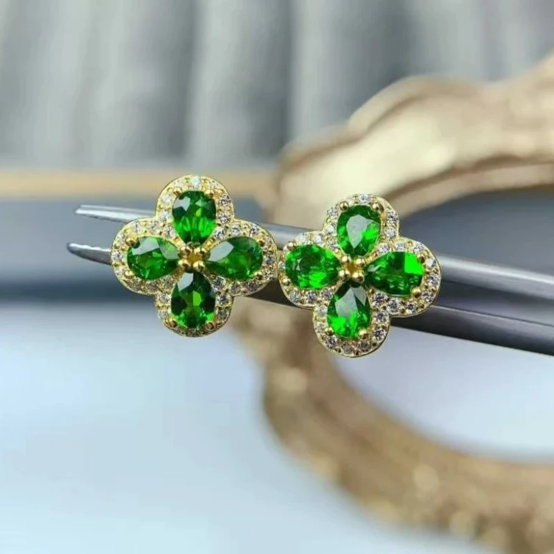 

3xmm*4mm Total 1.2ct Real Natural Diopside Earrings and Necklace Pendant 925 Silver Gemstones Jewelry Set