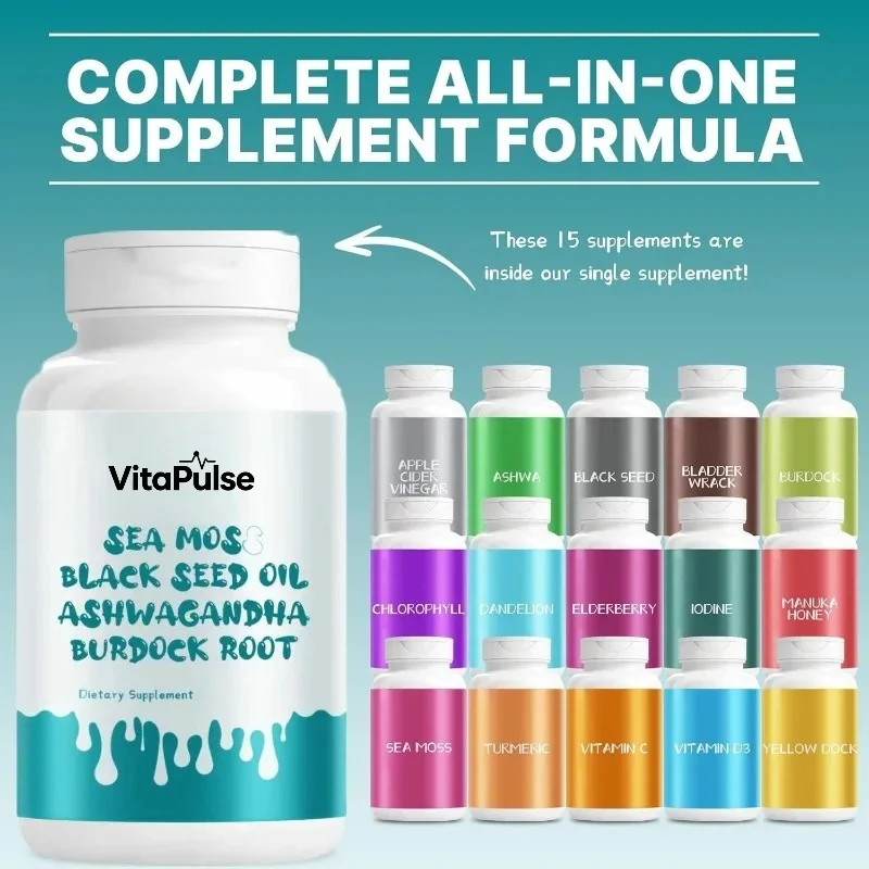 Black Seed Oil, Seaweed Capsules, Burdock Root Capsules Containing Vitamins, Elderberry, Manuka, Dandelion-60 Capsules