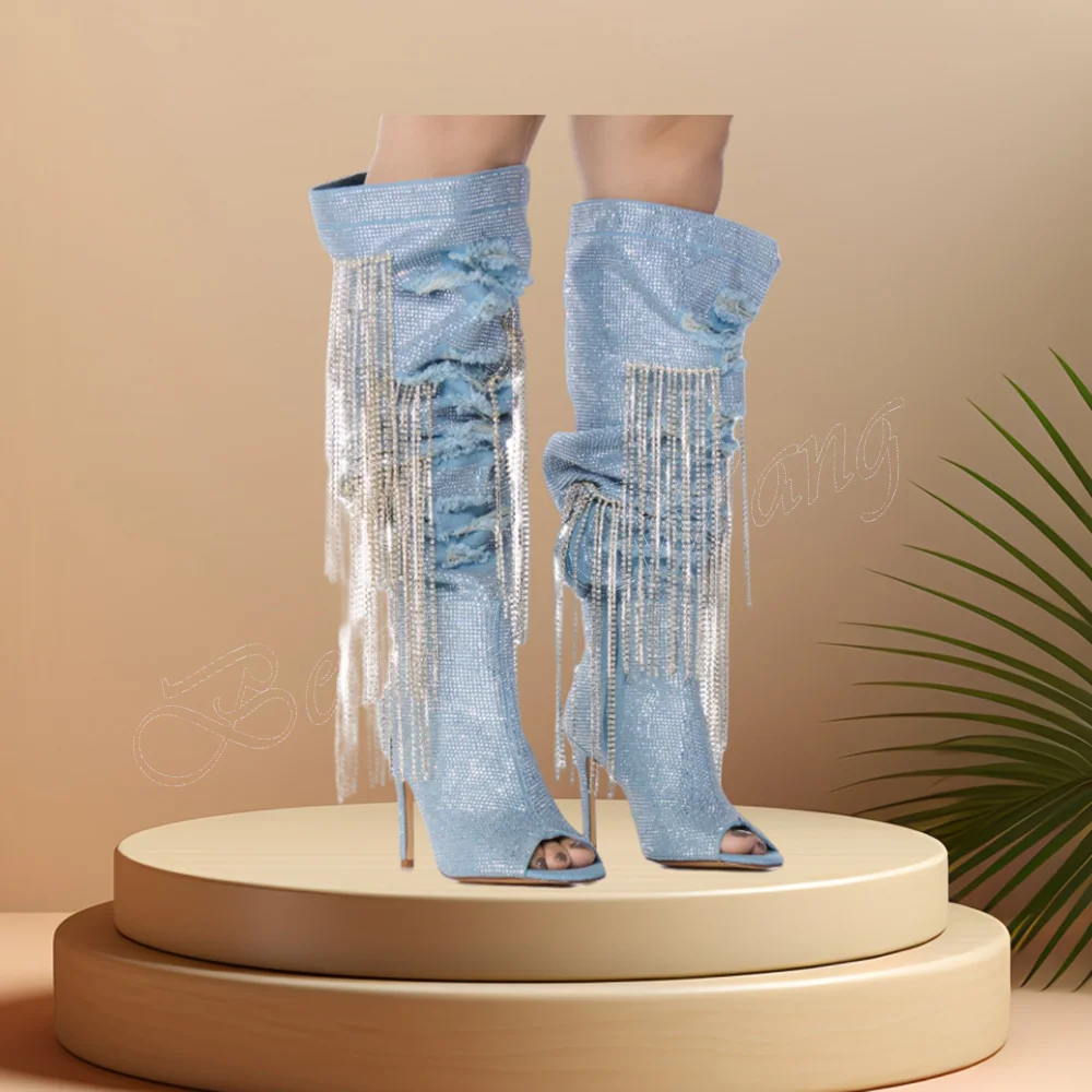 

Blue Fringe Decor Crystal Boots Knee High Peep Toe Boots Stilettos High Heel Shoes for Women High Heel 2024 Zapatillas Mujer