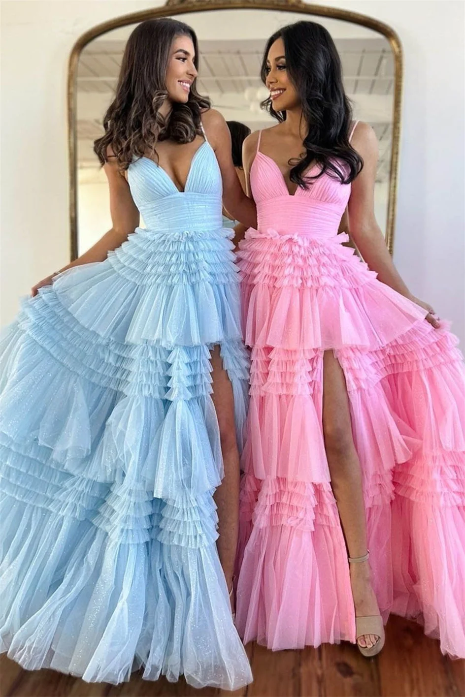 Shiyicey 2024 Sleeveless Blue V-neck Spaghetti Strap Prom Gowns Tiered Evening Dress Pleats Floor Length Prom Party Dresses