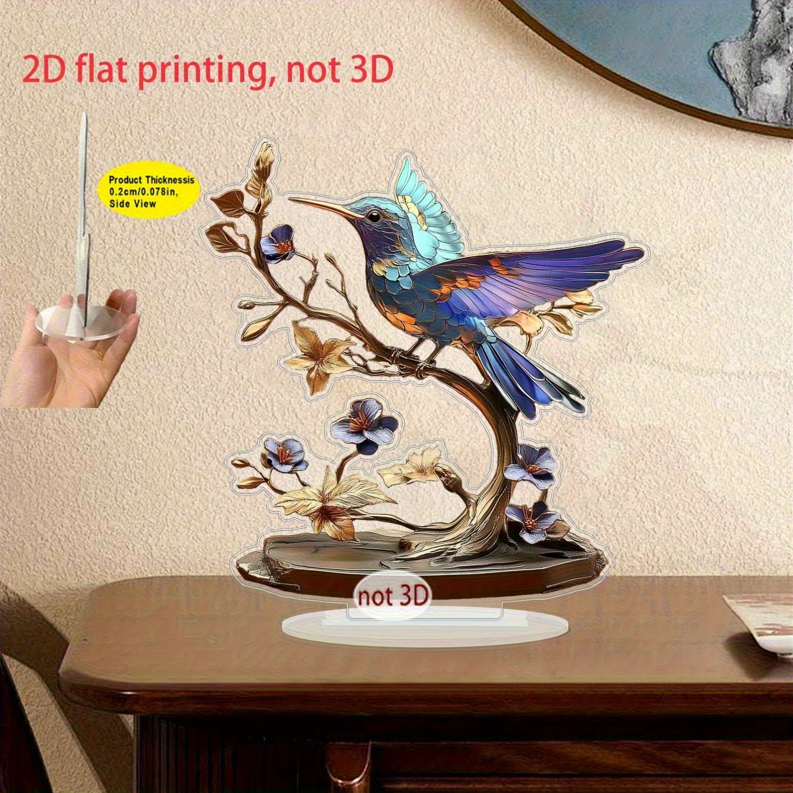 Colorful Hummingbird On Flower‑Blooming Branch Acrylic Table Ornament 2D Vibrant Metallic‑Tone Bird Floral Desktop Decor