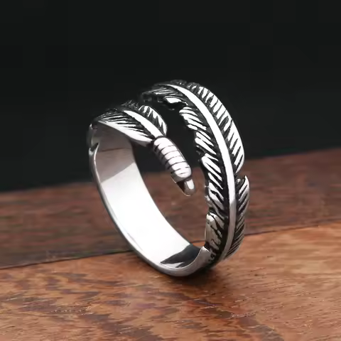 Vintage 316L Stainless Steel Simple Feather Rings For Man Woman Gothic Punk Silver Color Opening Ring Fashion Jewelry Wholesale