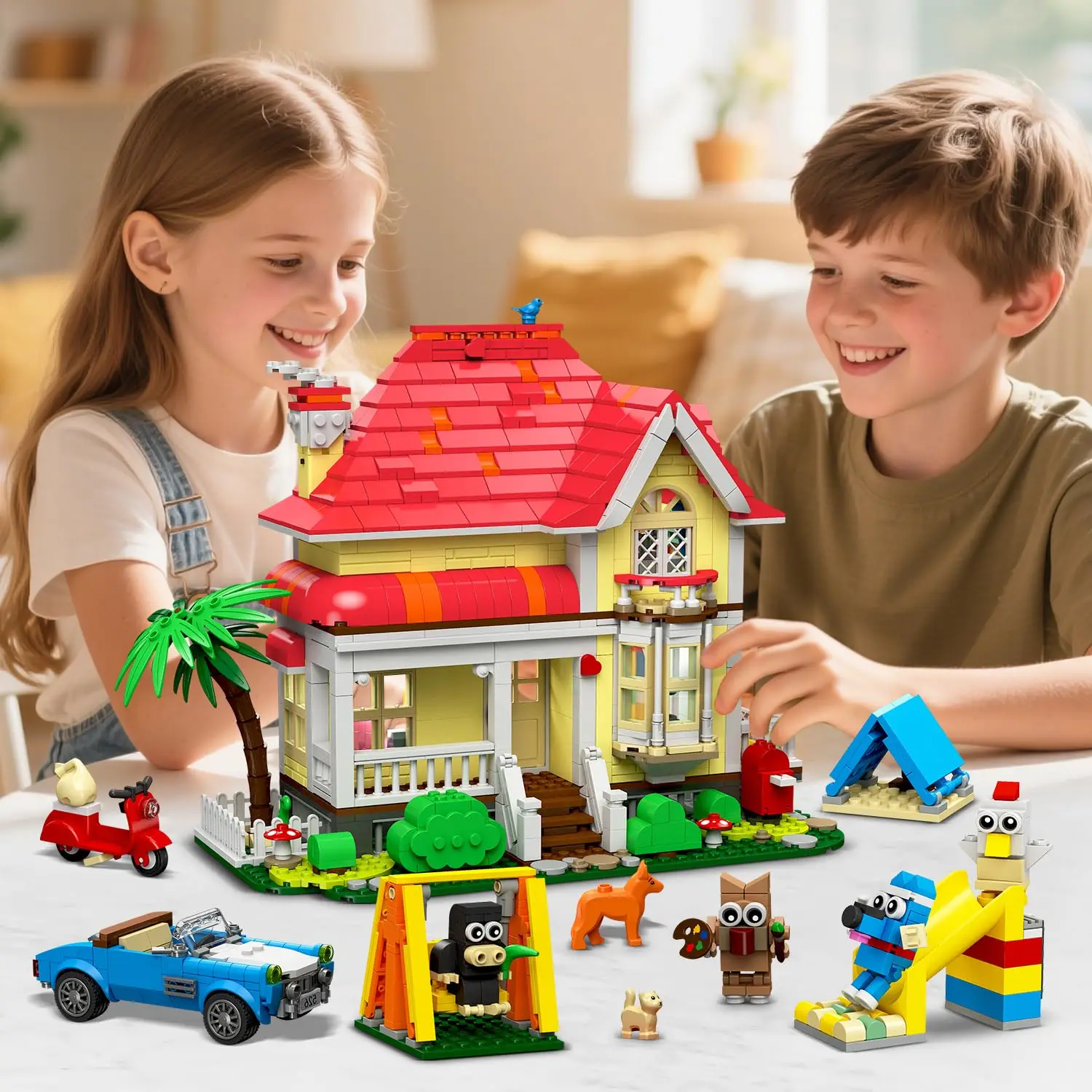 HOGOKIDS Girls House Building Set with LED–Fairy-Tale Villa Block Toy with Car Slide Swing & 4 Cute Animals Kit Gift for Kids6+