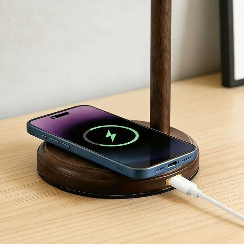 Black walnut small table lamp, Nordic log warm night light 15W magnetic wireless fast charging bedroom bedside lamp