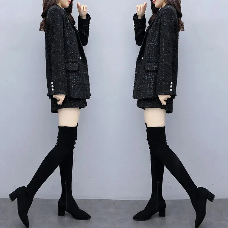 Black Plaid Tweed Suit Elegant Loose Blazer Jackets And Shorts Set Korean Ensemble Femme 2 Piece Sets Women Outfits Z535