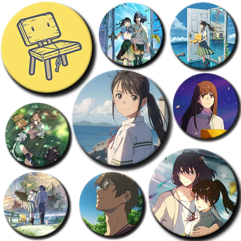 

New Anime Character Suzume Pins Tinplate Badge Cartoon Brooches for Backpack Hat Clothes Decoration Fans Collection Gifts 58mm