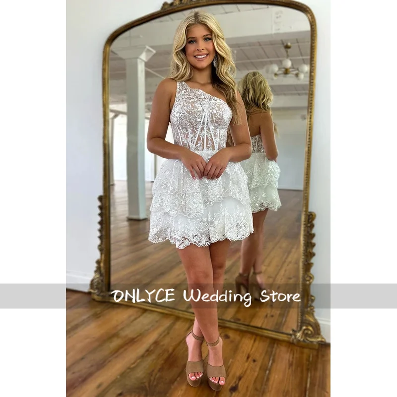 Gorgeous Homecoming Dress Prom Formal Occasions A Line One Shoulder Backless Sleeveless Short Fishbone Shaping With Lace view 5