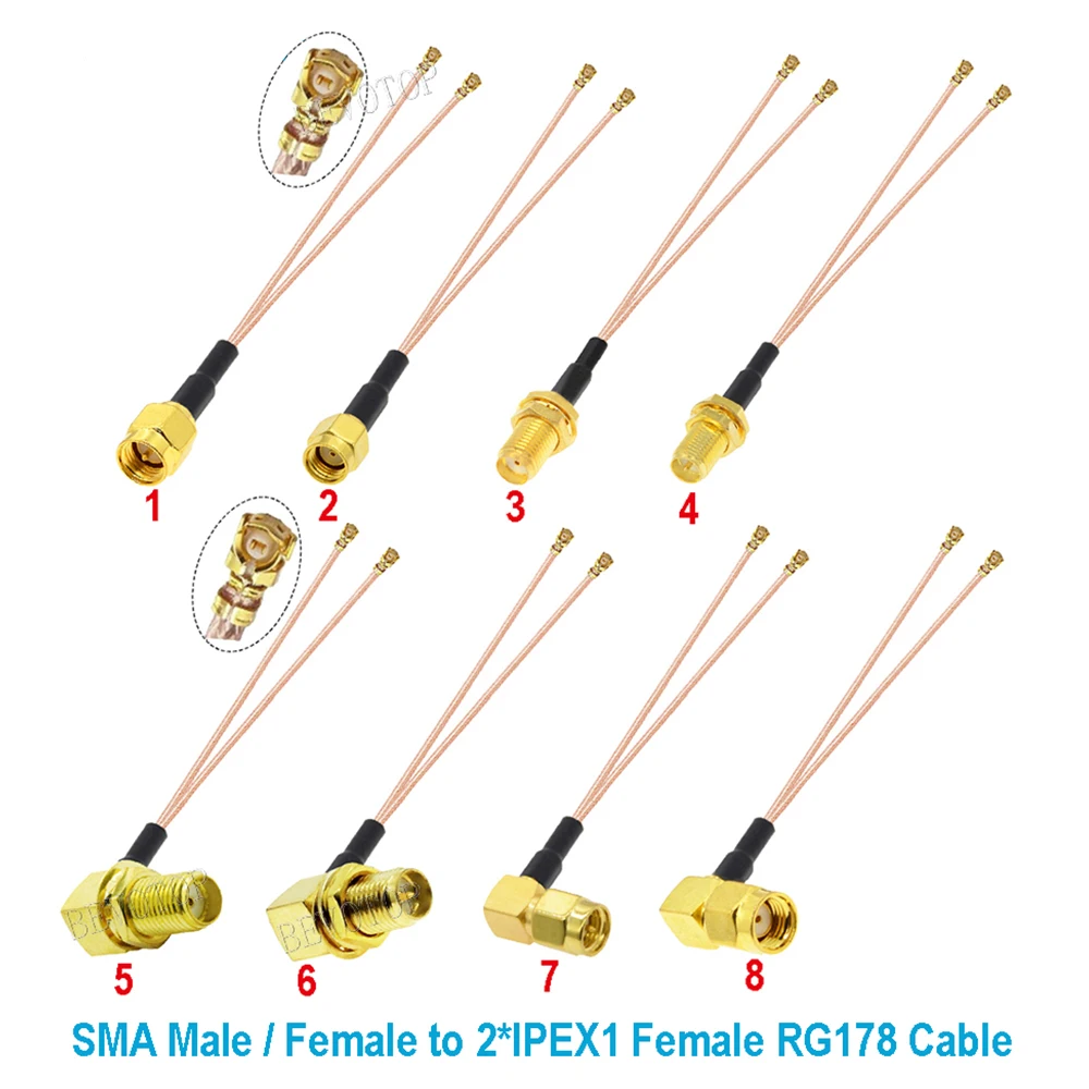 1PCS SMA to  Cable RP-SMA / SMA Female to 2 x   1 Female Jack Y Type RG178 Pigtail RF Coaxial Extension Jumper