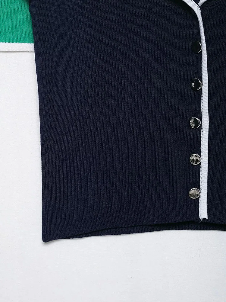 Women's New Fashion Short Cardigan Contrast Design Short Sleeve Knitted Tops For Women Single Breasted Knitted Cardiga