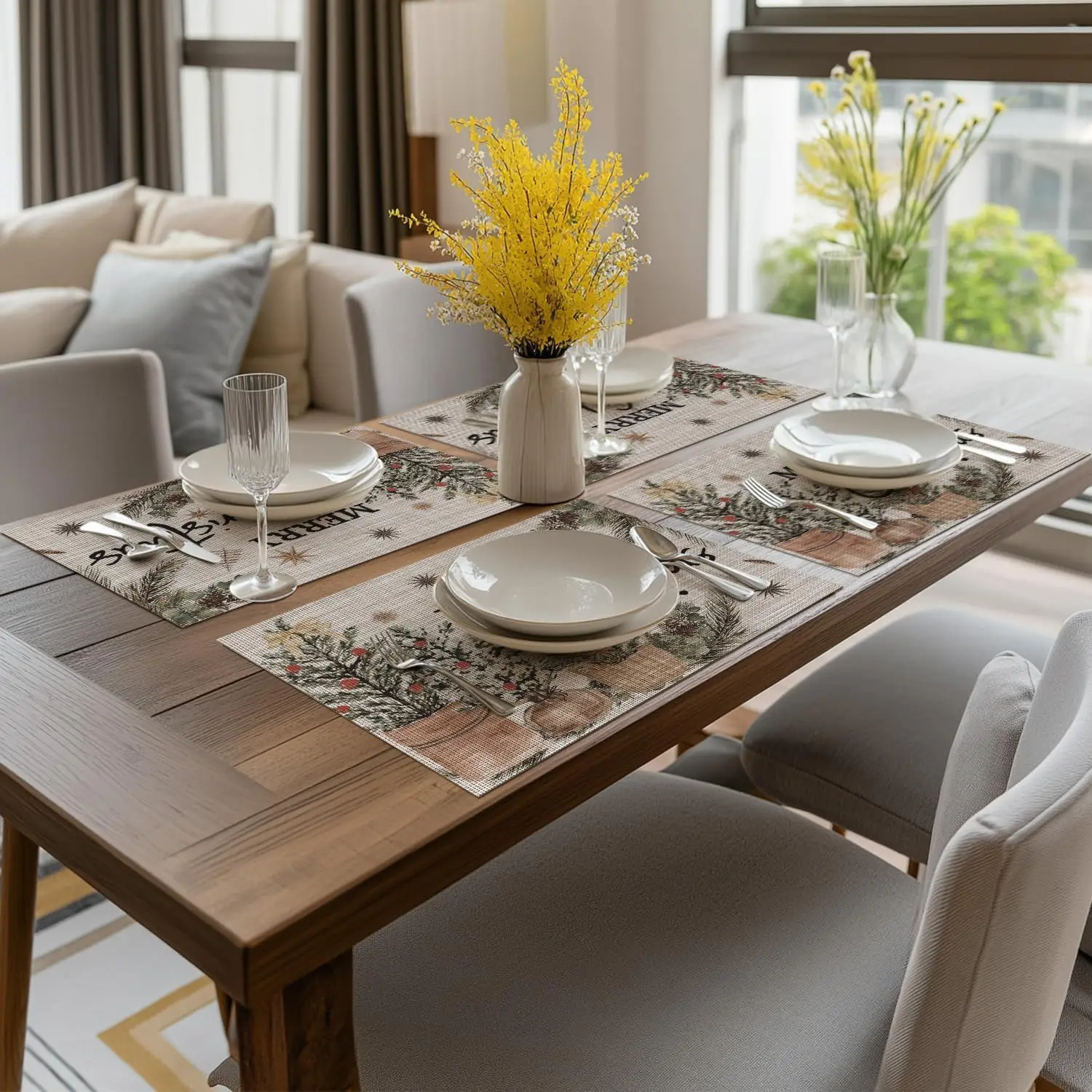 أشجار عيد الميلاد هولي الصنوبر المخروط الفينيل عيد الميلاد المفارش مجموعة من 4 قابل للغسل البلاستيك عدم الانزلاق المنسوجة الشتاء الجدول الحصير للحزب المطبخ #4