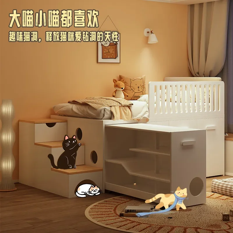 Half Height Bed with Integrated Wardrobe and Lower Cabinet Pull Out Desk Storage Unit Cat Nest Combo Space Saving Furniture