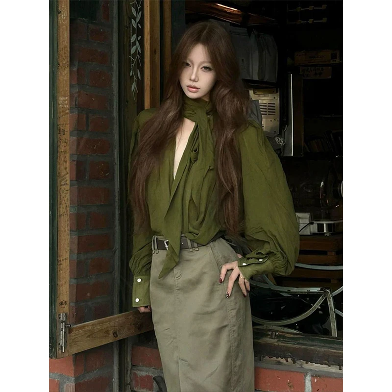 Vintage Tie Shirts Women Streetwear Sexy V Neck Folds Blouses Summer Office Ladies Korean Lace Up Long Sleeve Loose Design Tops