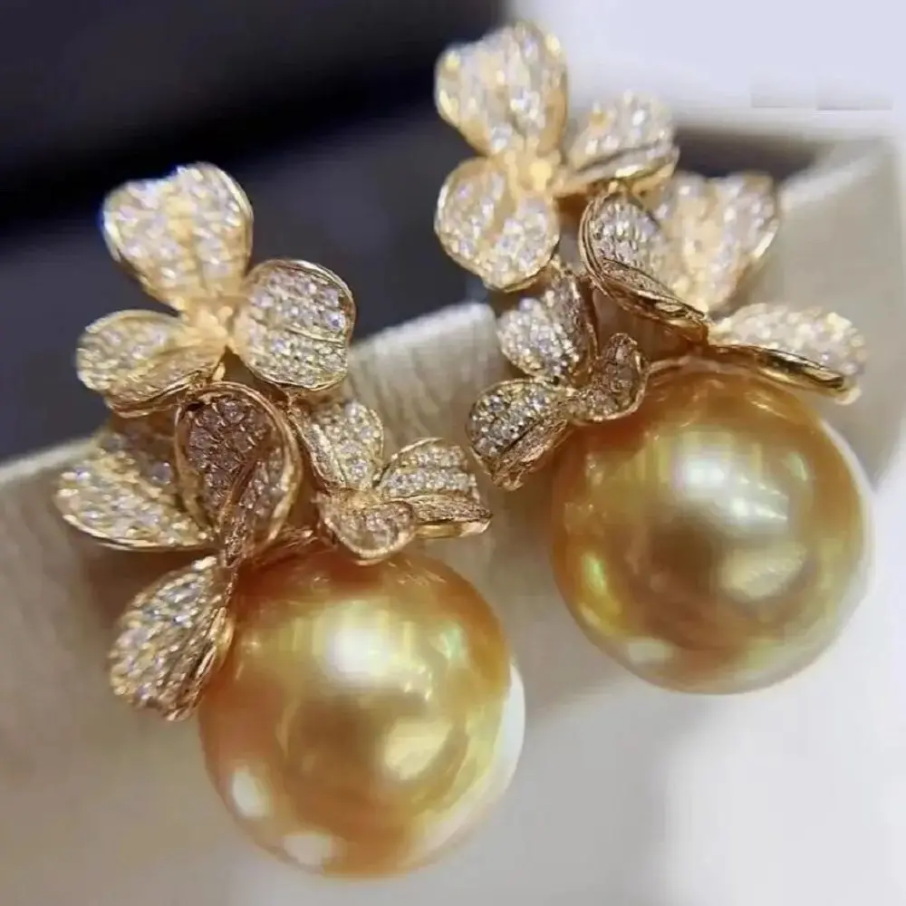 Natural Gorgeous AAAA 10-11mm 11-12mm Gold South China Sea Round  Pearl Women Earrings 925S Freeshippings Items