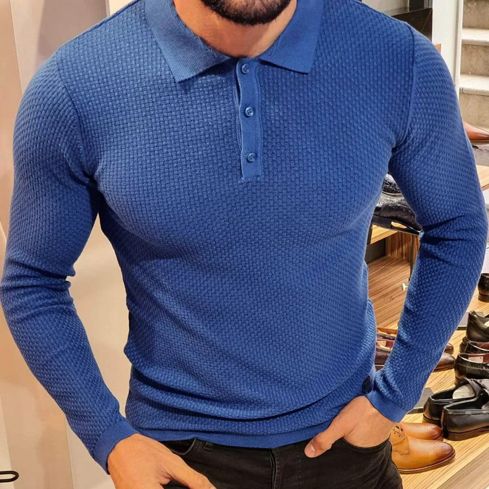 Blue Luxury Men Knitted Polo Shirts Retro Solid Color Long Sleeve Button-down T-shirt Streetwear Knitwear Men's Tops Clothes