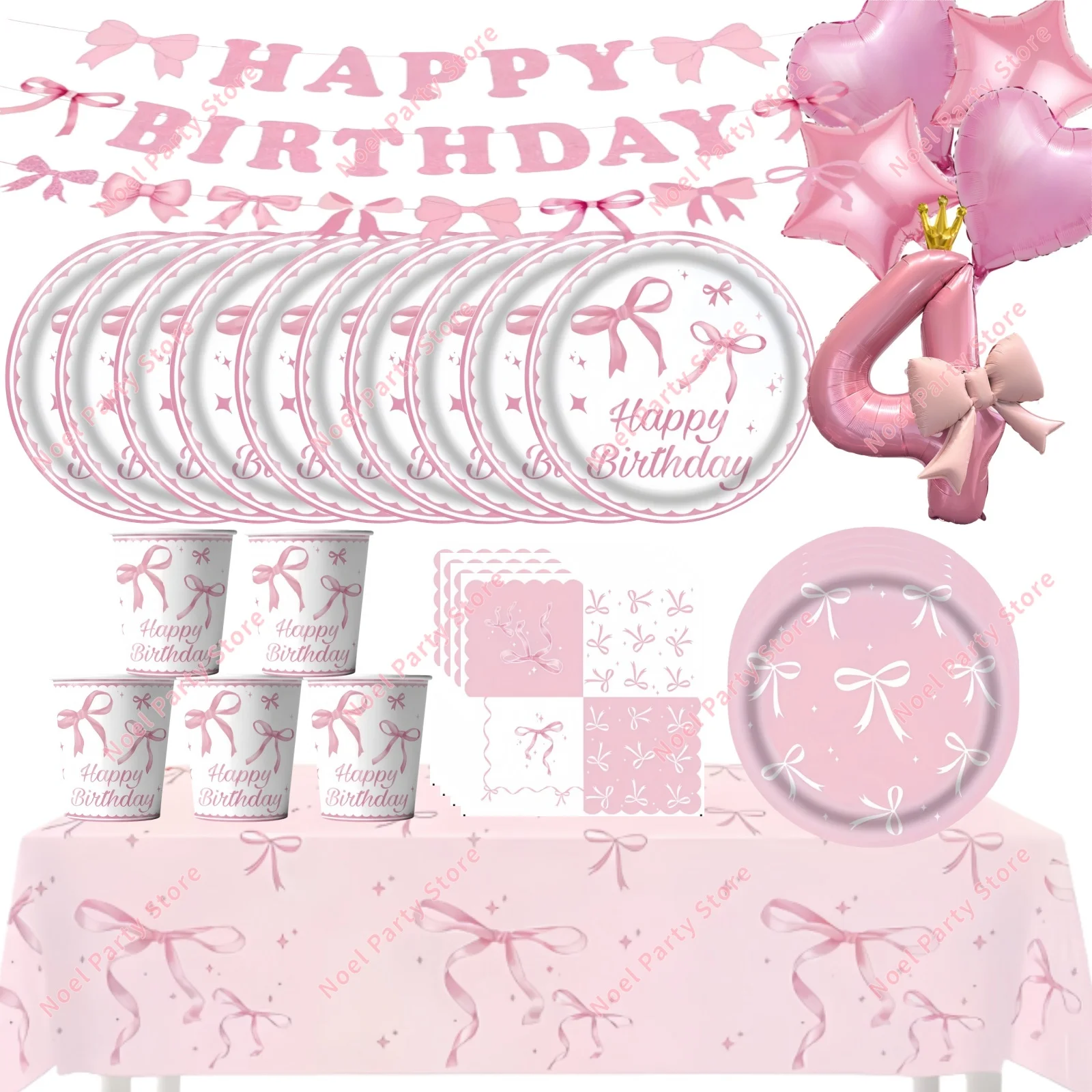 Rosa Stern-Schleifen-Thema Mädchen-Geburtstagsparty Einweggeschirr Teller Banner Tischdecke Folienballon-Set Partydekoration