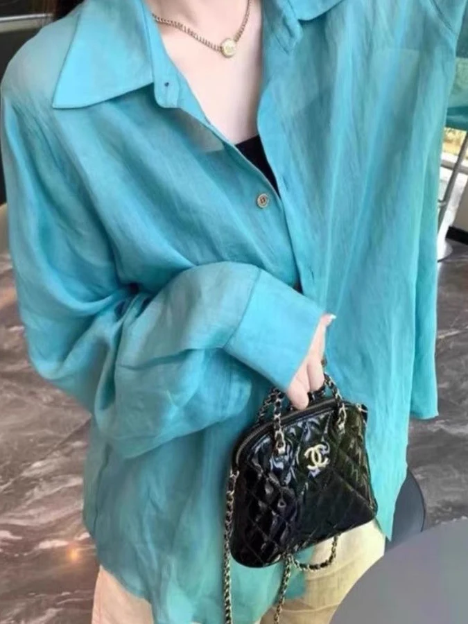 Csa Hoada Informal de Manga Larga para Mujer, Estilo Veraniego, Color Azul Agua, Protección Solar, Cuello , Botones,...