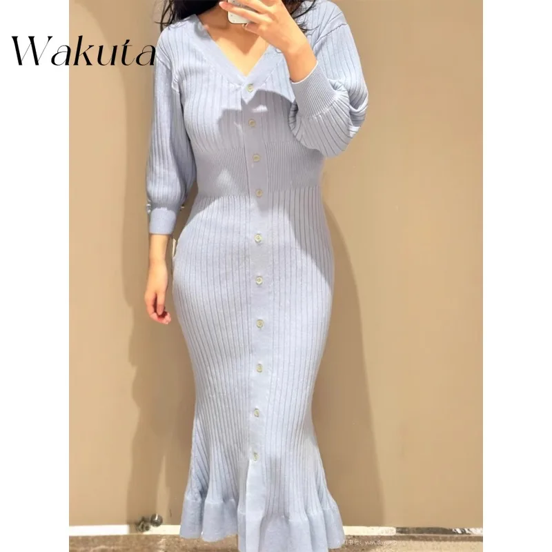 WAKUTA Japanese Style Elegant Slim Fit V-neck Bubble Sleeve Knitted Fishtail Skirt Spring/Autumn Harajuku Retro Y2K Fairy Dress