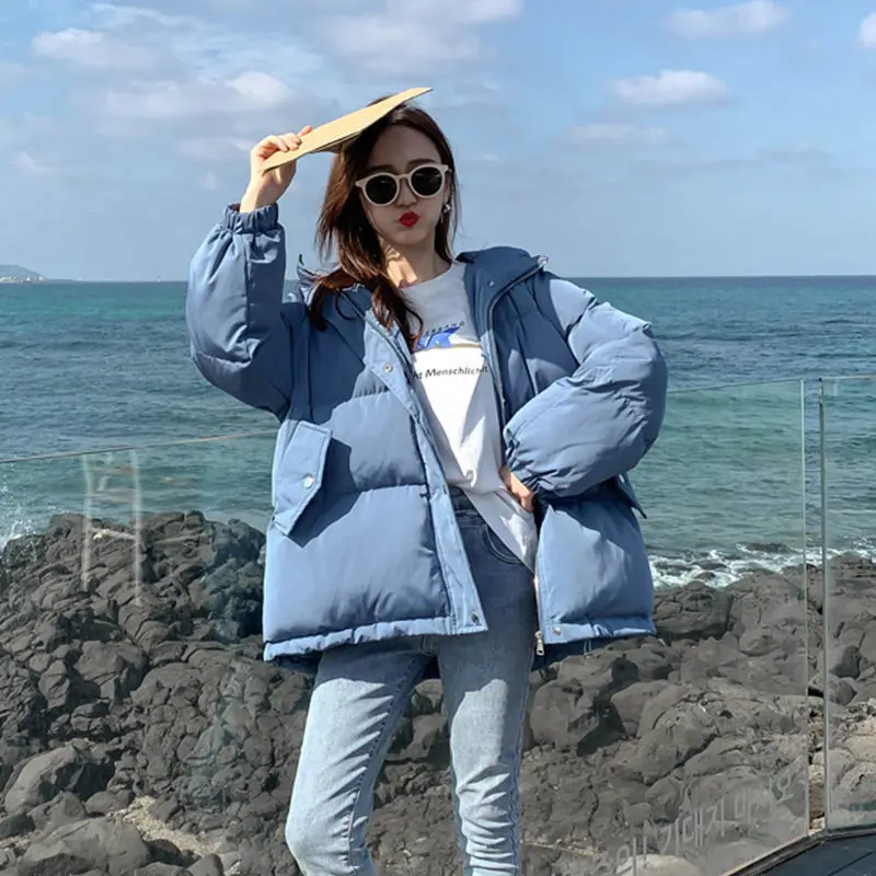

Winter Woman Puffer Jackets Female Korean Style Loose Hooded Coat Warm Parkas Cute Coat Jacket