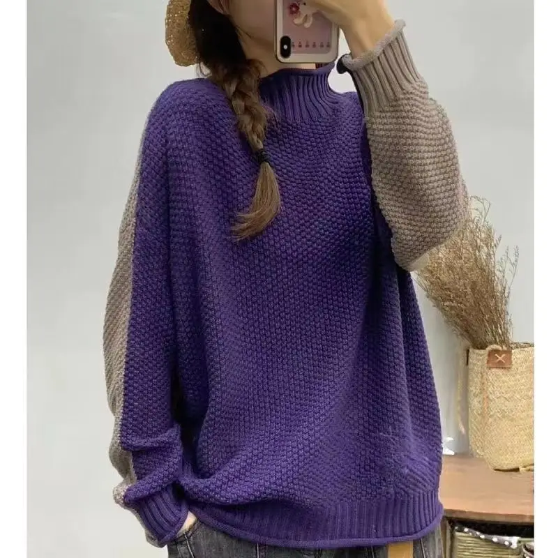 

Japanese Sle Color Blo Knitted Sweater Women's Loose Slimming Faionable Semi High Collar Overhead Sweet Sle Wool 00%