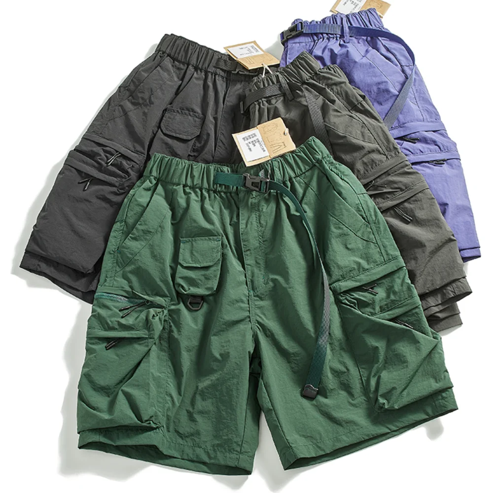 Japanese retro large pocket functional cargo shorts men's summer trend loose quick drying casual quarter pants