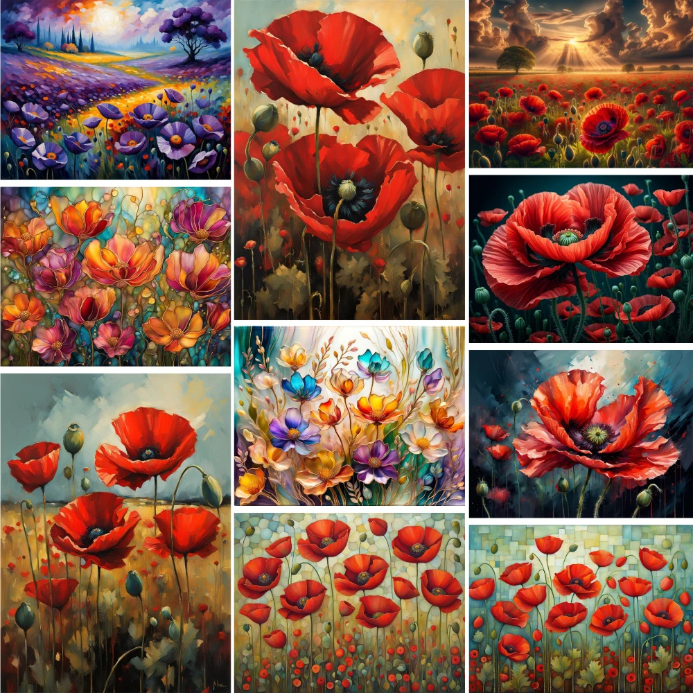 Flowers Red Poppy Printed Cross Stitch DIY Embroidery Patterns Handiwork Hobby Handicraft Painting Magic Home Decor Room Decor