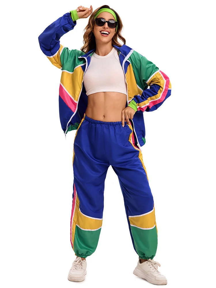 Retro Disco Sle Color Blo Jaet Spor Casual Women's Set 80s 90s Nostaic Leisure Disco Outfit Two-Piece Suit