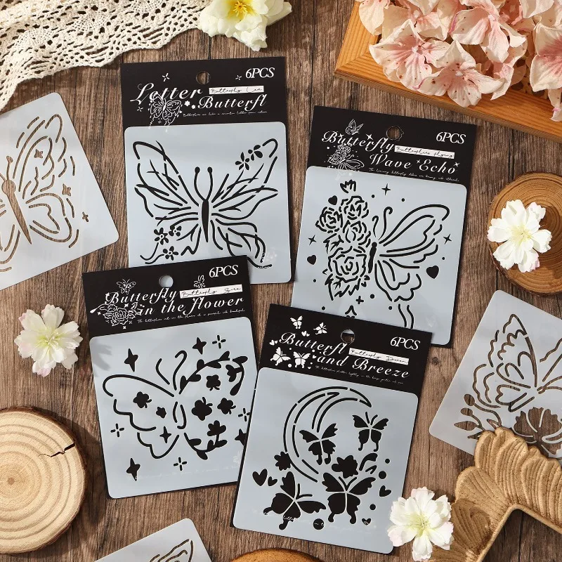 6pcs/set Butterfly Themed Drawing Stencils Reusable Cut-Out Templates for Poster Making Journal Decoration Art Craft Supply