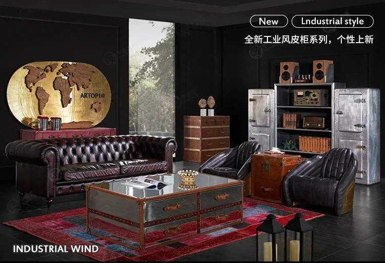 

Esmt163 American medieval TV cabinet space aluminum leather storage cabinet custom industrial wind oil wax leather box cabinet