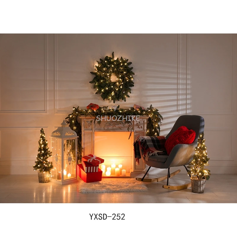 SHUOZHIKE عيد الميلاد موضوع داخلي التصوير خلفية شجرة عيد الميلاد الموقد الأطفال صورة لخلفيات الصور YXSD-08