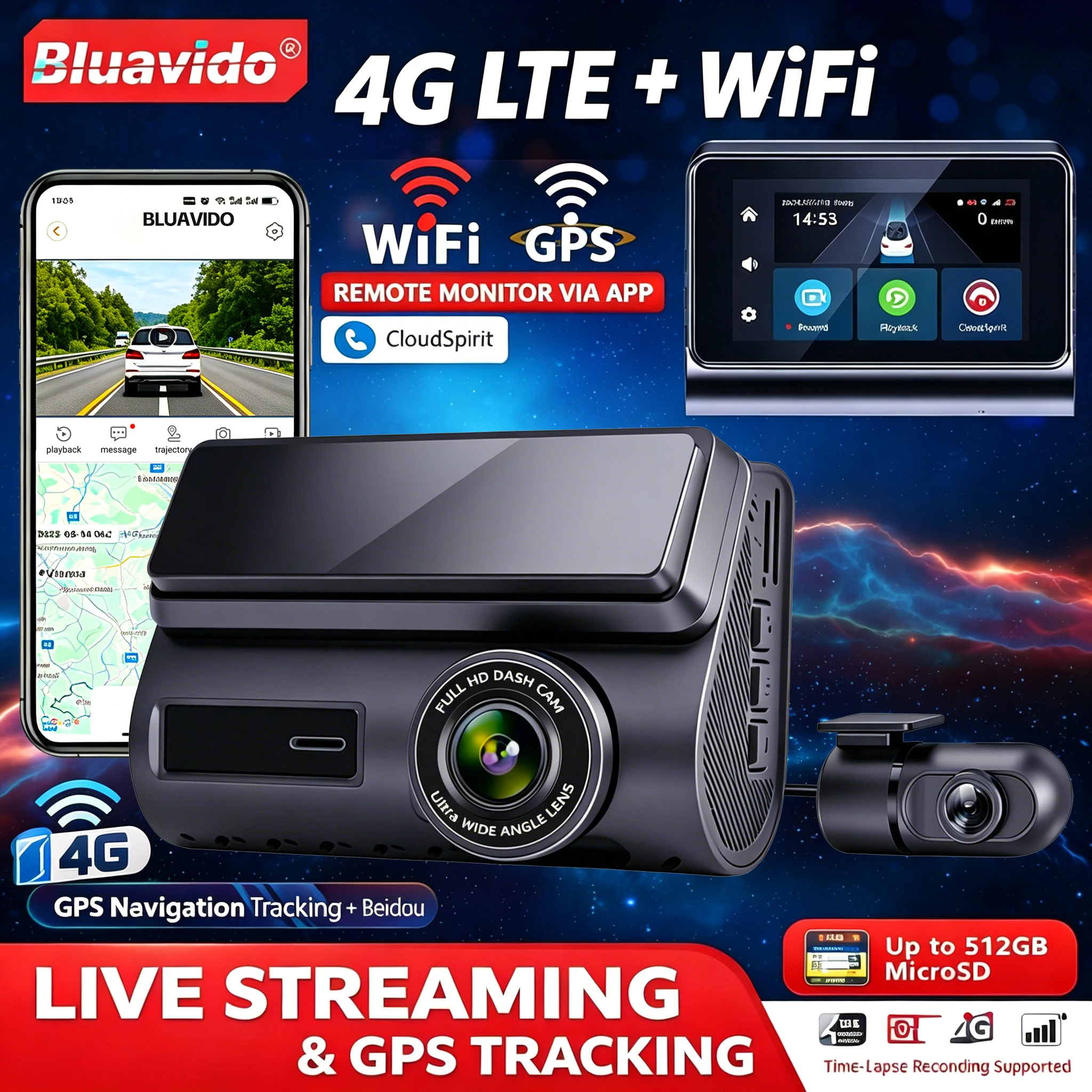 Câmera Veicular 4G LTE com GPS e WiFi, Vídeo em Streaming Ao Vivo 2K Frontal e Traseiro 720P, Monitoramento Remoto, Monitor de Estacionamento 24H, Visão Noturna, DVR Automotivo