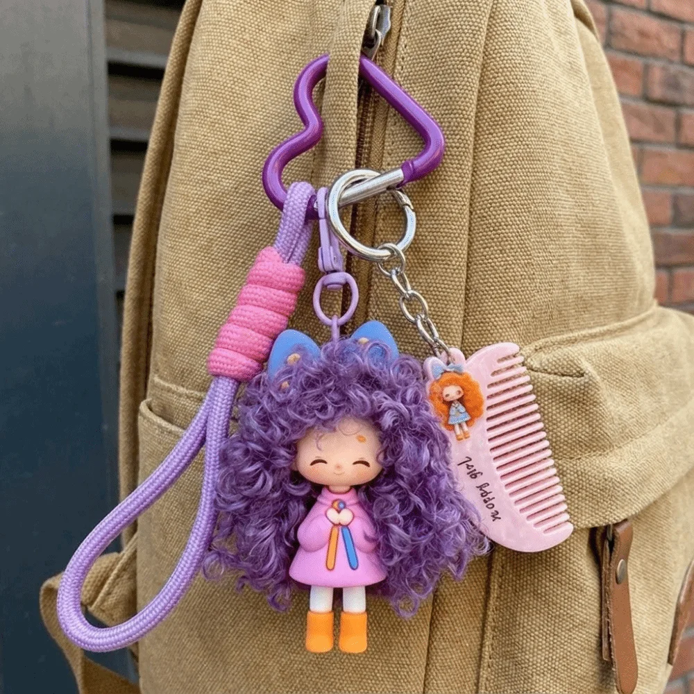 Soft Rubber Curly Hair Keychain Colorful Multicolor Halyard Heart Keyring Adorable Design Fluffy Texture Bag Pendant