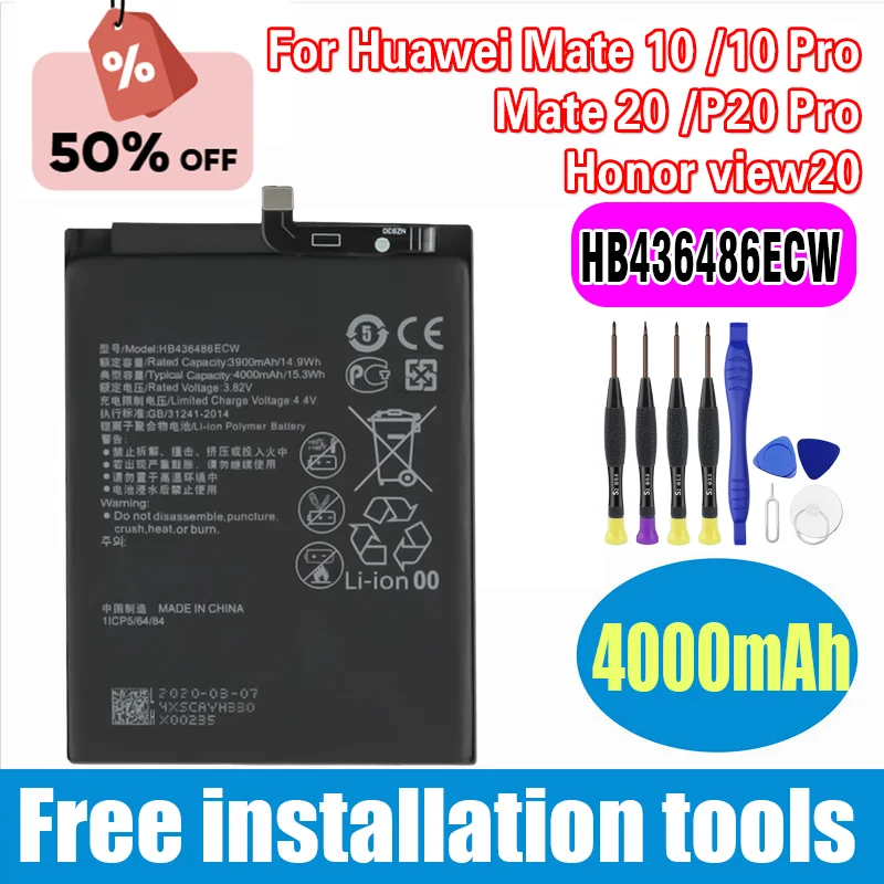

Совершенно новый аккумулятор HB436486ECW 4000 мАч для Huawei Mate 10/10 Pro/Mate 20/P20 Pro/Honor view20 Bateria для телефона + инструменты