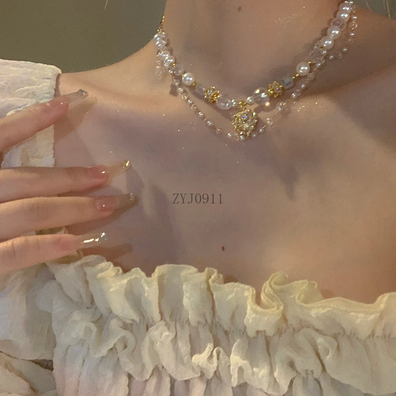 Light luxury double-layer pearl crystal love necklace, summer high-end exquisite collarbone chain for women