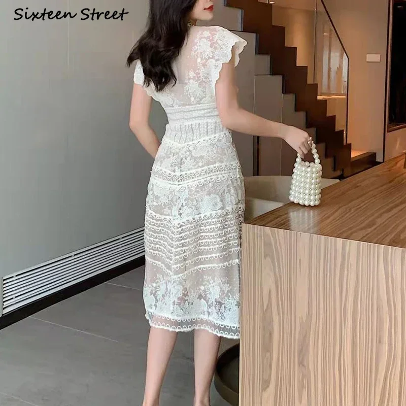 Vintage Lace Dress Women O-neck High Waisted Elegant Embroidery Flora Bodycon Dress Female Party Patchwork Runway Clothing