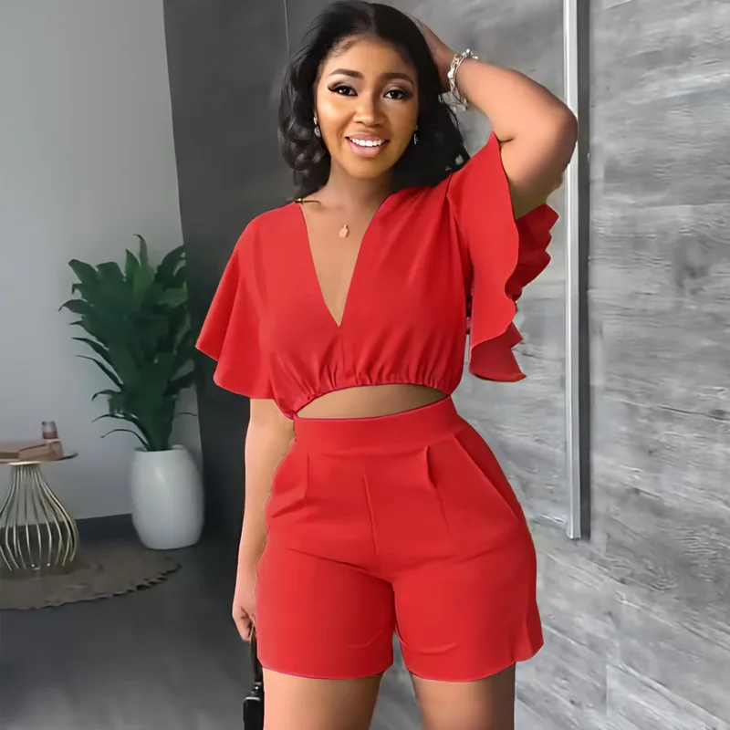 Fashion Two Piece Set Women Sexy V Neck Ruffles Sleeve Crop Top & Pockets Shorts Suit 2023 Summer Street Solid Tracksuit Outfits