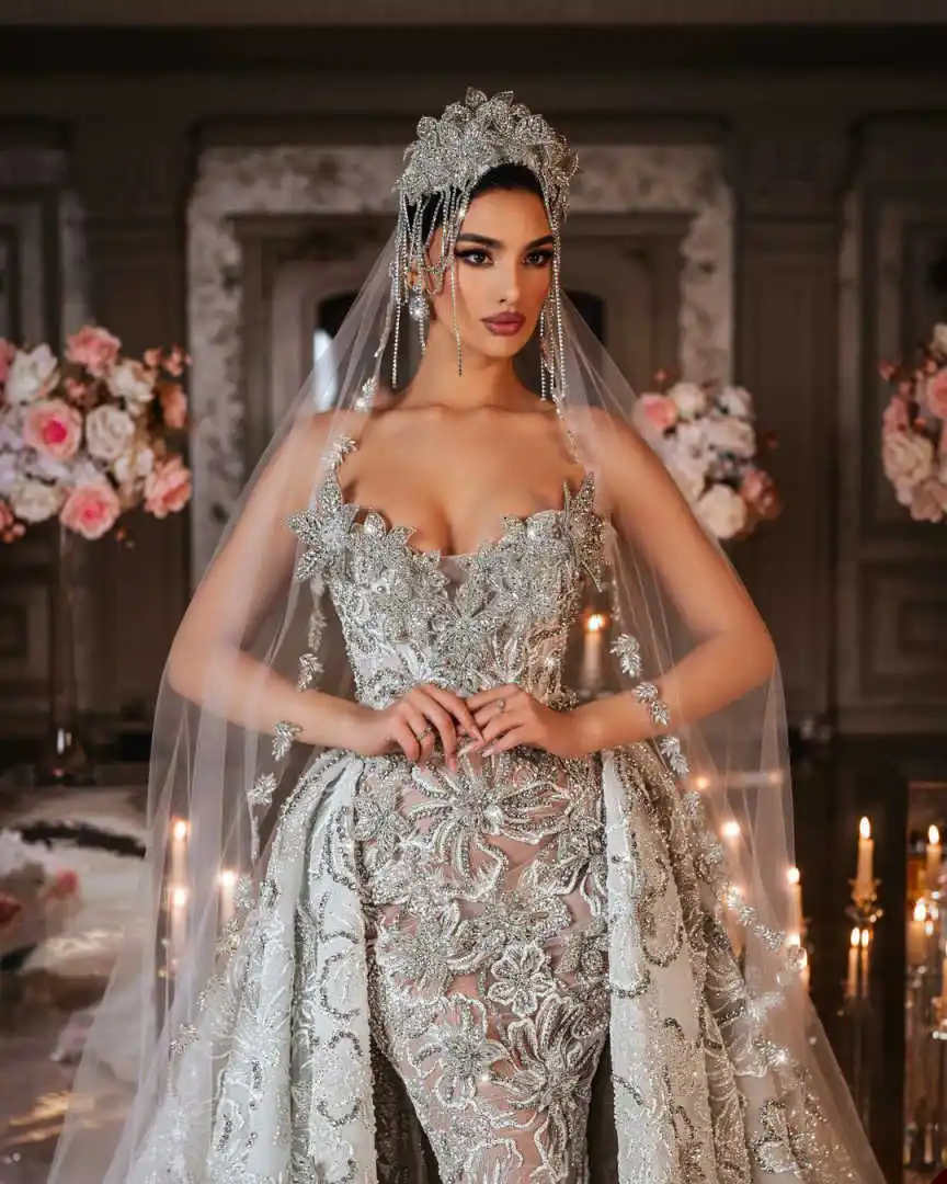Elegant Prom Dress V-Neck Shine Sequins Appliques 3D Lace Beaded Mermaid Luxury Bridal Gowns Vestina De Novia Size Customized