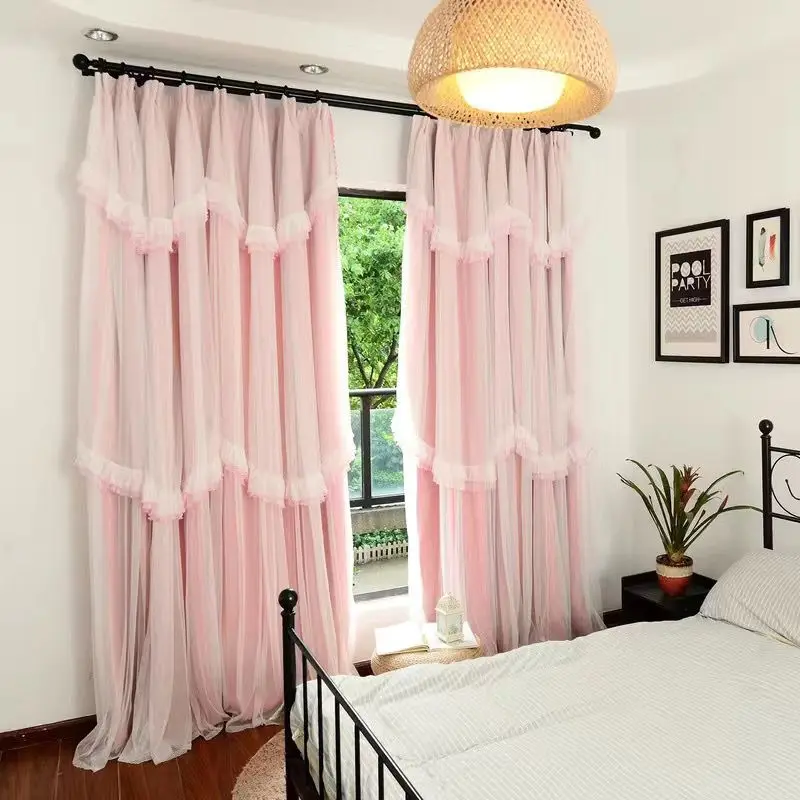 Princess Style Solid Color Lace Multi-layer Curtain Blackout Curtain for Bedroom Living Room