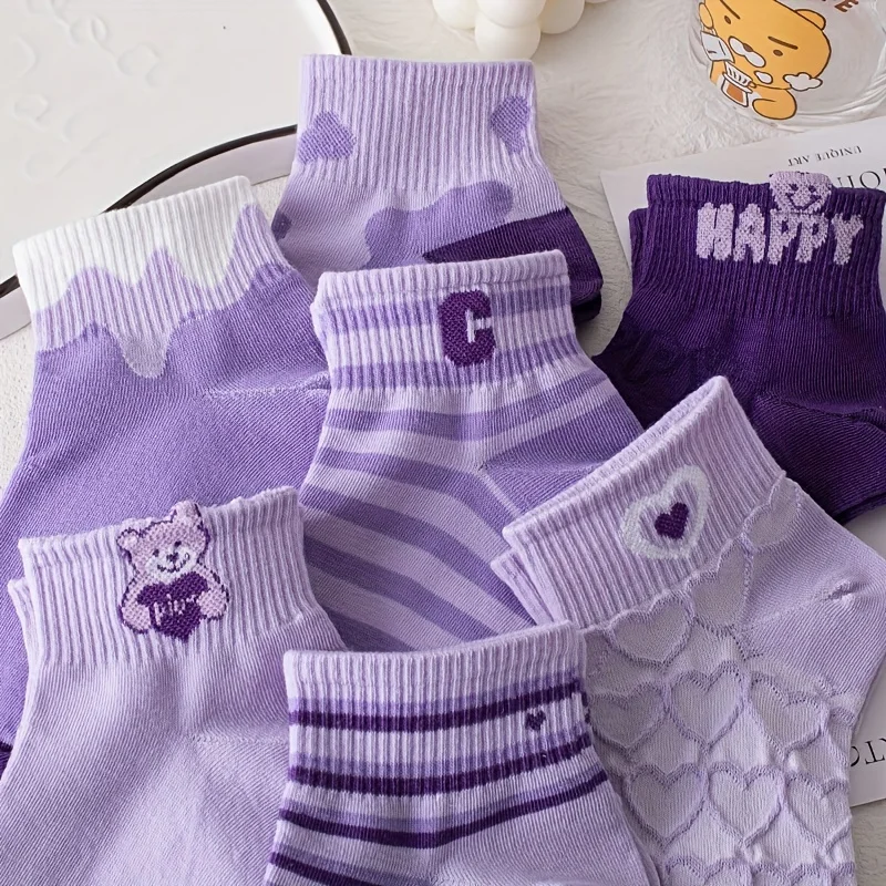 7 Pairs Purple Cartoon Socks Set, Cute and Comfortable Breathable Ankle Socks, Women\'s Casual Socks & Hosiery