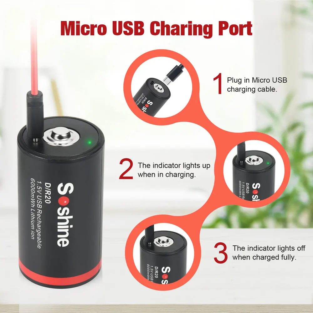 Soshine 1.5V USB Rechargeable Batteries High Capacity 6000mWh Lithium Battery D Size Li-ion Battery for Clocks Remote Flashlight