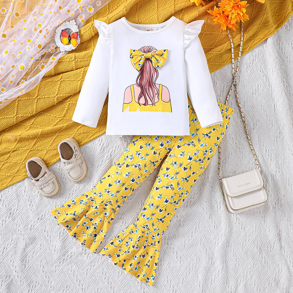 

2024 New Clothing Set Girls Long Sleeve Bow Print Girls T-shirt Floral Flare Pants 2 Pcs Sets Casual Girls Clothes Sets 18M-7T