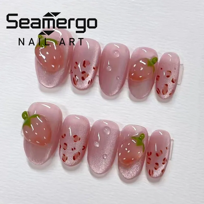 

24PCS Sweet Pink Cat Eye Shiny Almond False Nails Cute 3D Strawberry Simple Leopard Print French Press on Nails Summer Ins Nails