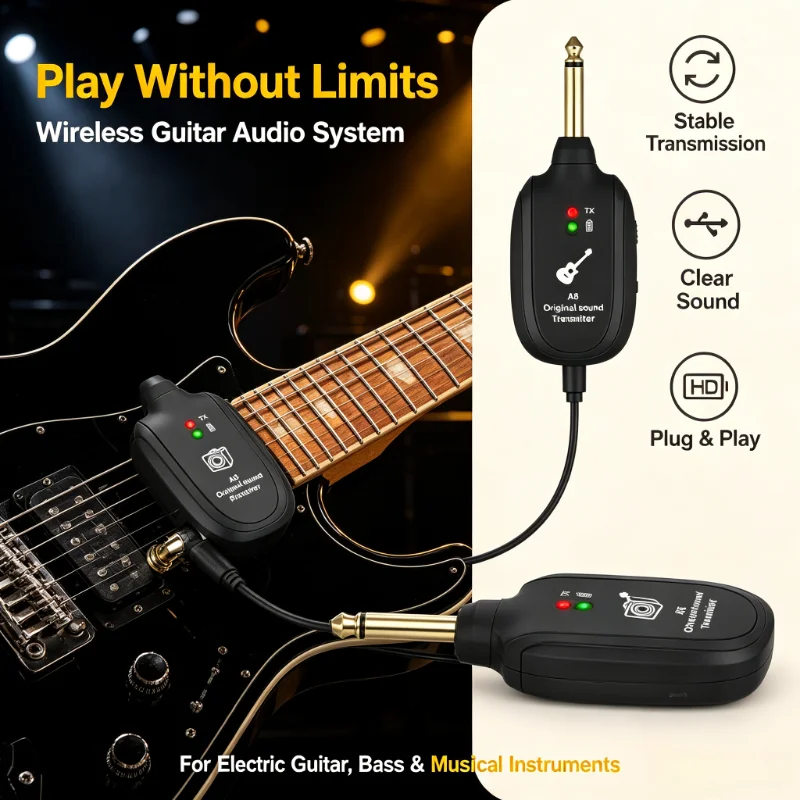 UHF A8 Wireless Guitar Transmitter Receiver Set Lithium Battery 50M Stable Audio Transmission for Electric Guitar Bass Violin