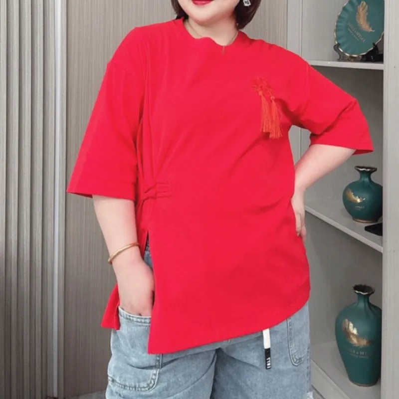 Summer T-shirt Women 2024 New Plus Size Loose Chinese Style Button Embroidered Tassel Slit Thin Cotton Tees